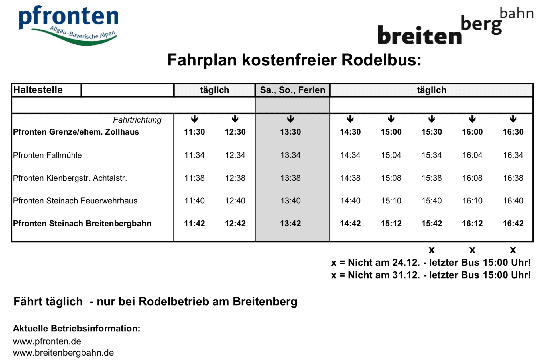 Busfahrzeiten 2019 zwischen Altem Zollhaus und Breitenbergbahn