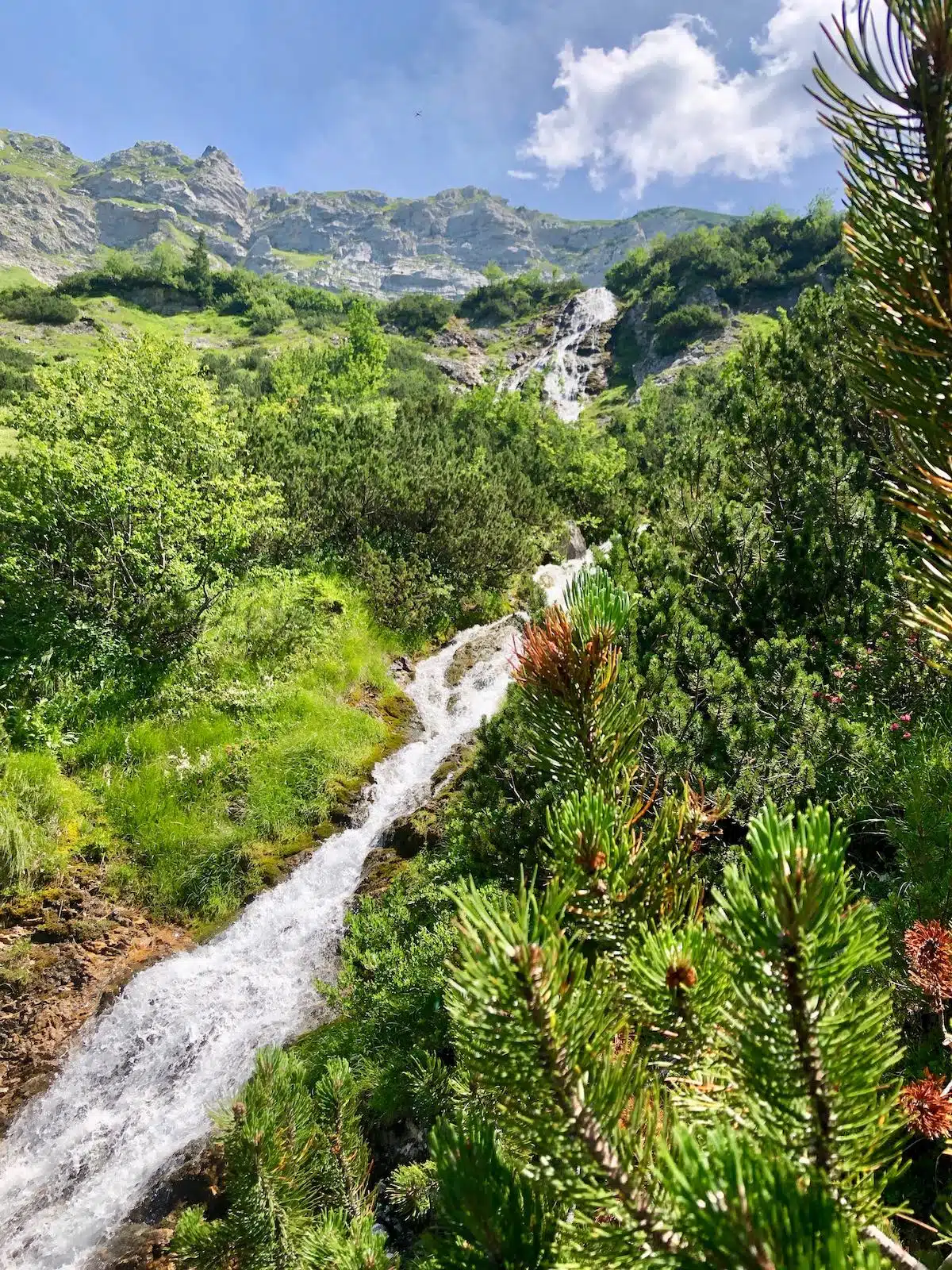 Wasserfall an der Oberen Bärgündele Alpe
