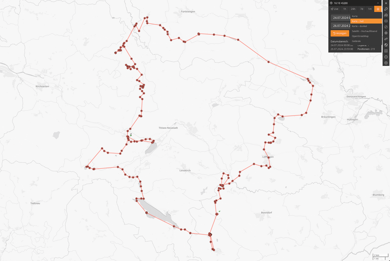 Trotz einheitlichem Intervall werden, je nach Empfang, nicht immer alle Positionen erfasst - das liegt einerseits am GPS Empfang und dem freien Blick zum Himmel, andererseits auch an der Position des SPOT oder auch der tatsächlichen Bewegung